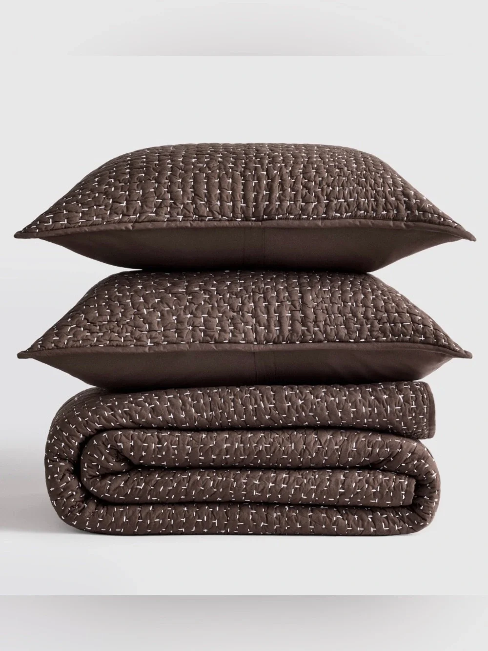 NWT Quince Organic Cotton Hand Stitched 3 pc Quilt Set, King/Cal (Espresso)